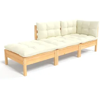vidaXL 3-tlg. Garten-Lounge-Set mit Creme Kissen Massivholz Kiefer - Creme