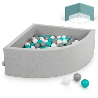KiddyMoon Bällebad 90x30cm mit 200 Bälle 7 cm Schaumstoff Bällepool für Baby und Kleinkinder - Hellgrau: Grau Weiß Türkis