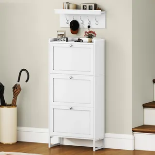 DWVO Schuhschrank Schmal mit 3 Klappen, 25x60x130cm, Schuhkipper Weiss, Schuhkommode Schuhregal mit Trennwände verstellbar und abnehmbar, für 14-18 Paar Schuhe, für Flur, Eingangsbereich & Wohnzimmer