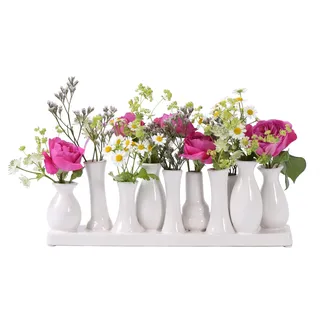 Jinfa Vasen Set Weiß - 10 kleine Blumenvasen auf Tablett - Minivasen Keramik für Tischdeko - Moderne Miniatur Keramikvasen für einzelne Blumen mehrere Vasen in Einer für Trockenblumen und Pampasgrass