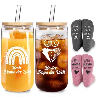 Geschenke für Eltern, 500ml Glas Trinkbecher mit Deckel und Strohhalm, Geschenkfür Mama & Papa Kaffeetasse mit Socke, Borosilikatglas Kaffee Teegläser Eiskaffee Gläser Personalisierte