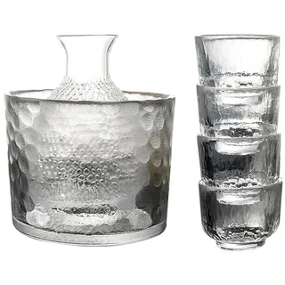 TAMUME 6-Teilige Sake-Flasche aus Glas und Sake-Kühler/Wärmer, mit 4 Glas-Sake-Bechern