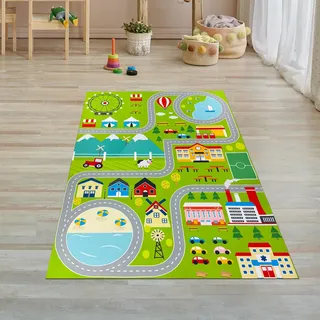 Teppich-Traum Kinderteppich Stadtmotiv Straßen Häuser Grün 100x200 cm | Pflegeleicht, rutschfest, strapazierfähig, hautsympathisch und schadstofffrei, mit Straßen, Häusern, Parks und Verkehr