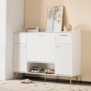 Flieks Kommode mit Griff, Sideboard mit 2 Türen und 3 Schubladen, Wohnzimmerschränke Anrichte, Schubladenkommde Büro, 130x37x100cm, Weiß - Weiß