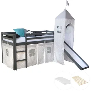Homestyle4u Hochbett 90 x 200 cm Kiefer massiv grau