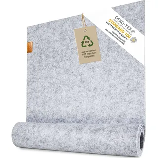 Miqio Design Tischläufer aus Filz | Nachhaltiger Oekotex Filzstoff 100x30 cm abwaschbar | Echtleder Label | Skandinavischer Filzläufer - Hellgrau