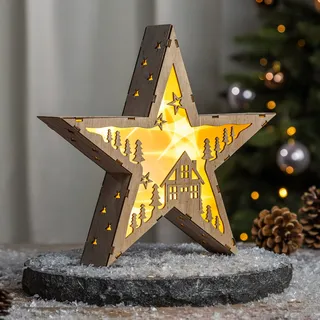 Weihnachtsstern aus Holz mit Haus und Bäumen - 10 LED (Motiv 2)