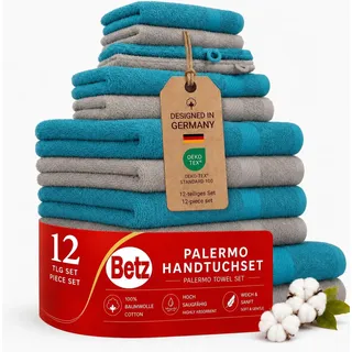 Betz 12-TLG. Handtuch-Set Palermo 100% Baumwolle 2 Liegetücher 4 Handtücher 2 Gästetücher 2 Seiftücher 2 Waschhandschuhe Farbe Petrol und Stone