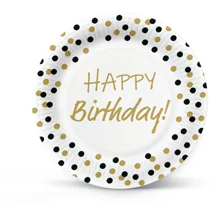 Paw Decor Collection PAW - Pappteller (23 cm) I 8 Stück I Einwegteller Bunt aus Karton I Ideal für Hochzeiten, Kommunionen, Partys, Geburtstag I Gedruckt mit Wasserbasierten Farben I Farbe: Birthday Confetti (gold-black)