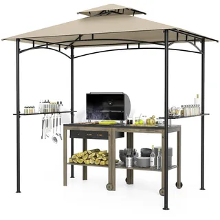 COSTWAY Grillpavillon mit Doppeldach, 2 Seitenregalen & 6 Haken, BBQ Pavillon, Grillüberdachung wetterfest, Grillunterstand 242x150x250cm Beige - Beige, Schwarz