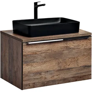 Waschtischunterschrank 80cm mit Keramikbecken PUEBLA-56 in Vintage Oak, B/H/T ca. 80,4/59,5/46 cm - Braun