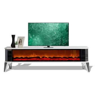 Weiß-silberner TV-Schränk mit Kamin  TV-Möbel