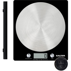 Salter 1036 BKSSDR Digitale Küchenwaage - 5kg, Null-/Tara-Funktion mit hochpräzisen Sensor, Einfache zu Reinigung runde Edelstahlplattform, misst Flüssigkeiten in ml/fl. OZ, LCD-Anzeige, Schwarz