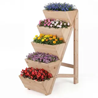 FANTASK Hochbeet mit 5 Etagen, Vertikalbeet aus Tannenholz mit Pflanzkästen, vertikales Blumenkasten, Gartenbeet Holz, Gemüsebeet für Terrasse Balkon Garten (Natur)
