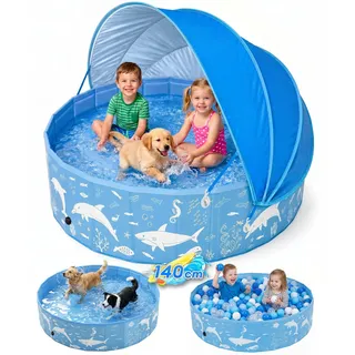EPN Hundepool mit Sonnendach 140cm – Faltbares Hundebad & Kinder-Planschbecken, Tragbarer Klapppool aus PVC mit UV-Schutz für Große Hunde, Katzen (Outdoor-Wasserspaß für Garten & Strand)