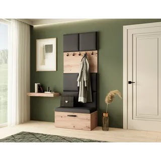 Garderobe MARGARET I, Farbe: Artisan + Schwarz, mit gepolsterten Paneelen und Kleiderhaken - Schwarz, Braun