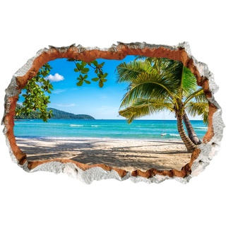 WandSticker4U®- 3D Wandtattoo BLICK AUFS MEER I Wandbild: 90x60 cm I Wandsticker Strand Palme Insel Poster I Wand Durchbruch Deko für Wohnzimmer Schlafzimmer Küche Flur Bad Aufkleber