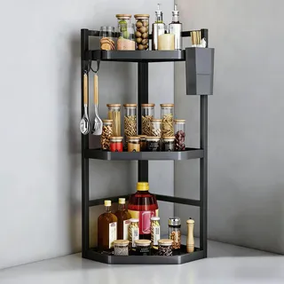 AmoreTempo 3 Etagen Verstellbares Küchenregal Ecke 60cm Extra Großes Arbeitsplatte Stehgestell Wand Gewürzregal Ecke Edelstahl Eckregal Stehend Organizer für Küche Badezimmer (3 Etagen)