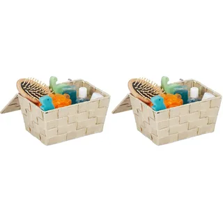 Relaxdays Aufbewahrungskorb mit Deckel, Flechtoptik, Bad Organizer HxBxT: 10,5 x 19,5 x 14,5 cm, Kunststoff, beige (Packung mit 2)