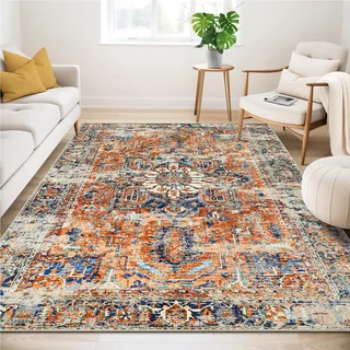 WONGS BEDDING Vintage Waschbarer Teppich Boho Kurzflor 200x300cm, Orange | Boho Orientalisch Teppich rutschfest Weich Carpet für Wohnzimmer Schlafzimmer Büro Essenzimmer