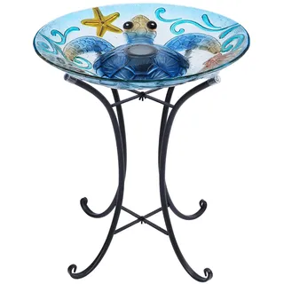 MUMTOP Vogeltränke aus Glas, Vogeltränke für den Außenbereich, Solar-Vogelfutterstation mit Metallständer für Garten, Hof, Rasen, Dekoration, Meeresschildkrötenmuster (blau, 54,8 x 45,7 cm)