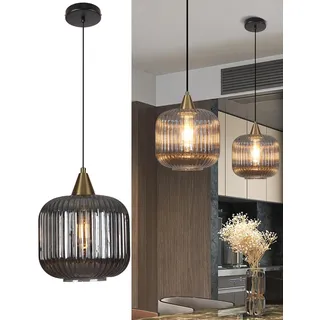 bomiel Rauchgraue Glas Pendelleuchte 20 cm, E27 Einflammige Hängelampe mit Geriffeltem Glas im Modern Vintage Industrial Stil, Schwarze Deckenplatte für Esszimmer Schlafzimmer Flur (Ohne Glühbirne)