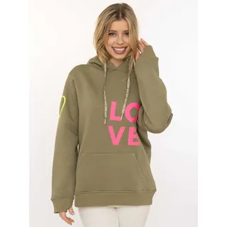 Zwillingsherz Kapuzensweatshirt, mit gesticktem Neon Herz am Ärmel und "Love" Schriftzug auf Kordel, khaki