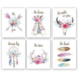 KAIRNE 6er Set Premium Poster Set,Blumen Wandbild für Mädchen Schlafzimmer,Inspirerende Zitate kinderbilder,Modern Boho Traumfänger Wandecko für Kinderzimmer Babyzimmer Wohnzimmer Geschenk Ohne Rahmen