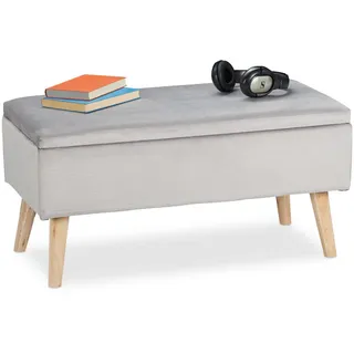 Relaxdays Sitzbank Hellgrau Samt Stauraum , Grau , Holzwerkstoff, Holz, Textil , 80x41x40 cm , Wohnzimmer, Sessel, Hocker & Hockerbänke, Sitzhocker