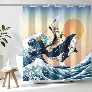 Aimego Duschvorhang 183 x 183 cm mutige Katze reitender Hai