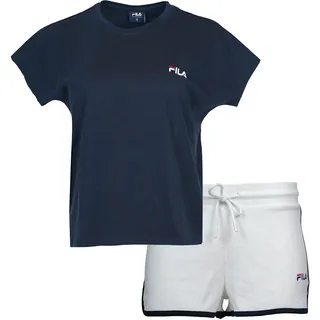 Shorty FILA "WOMAN JERSEY TOP + TERRY SPONGE SHORTS PYJAMAS", Damen, Gr. XL, weiß blau, Frottee, Obermaterial: 100% Baumwolle. Obermaterial 2: 80% Baumwolle, 20% Polyester, unifarben, regular fit kurz, Rundhals, Homewear-Sets Shorty, mit kontrastreichen Paspeldetails