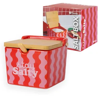 Fisura – Origineller Salzbehälter „stay salty“ in Rosa. Extra großer, quadratischer Salzstreuer aus Keramik mit Holzdeckel und Löffel. Auch als Zuckerdose oder Gewürzbehälter. 10 x 10 x 9 cm.
