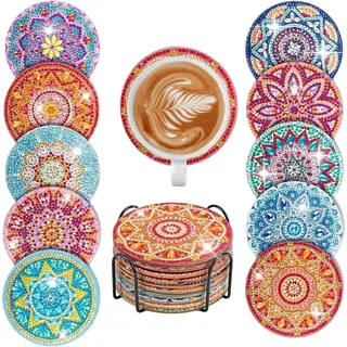 10 Stück Diamond Painting Untersetzer mit Halter-DIY Diamant Painting Set für Erwachsene & Kinder-Rund Mandala & Hund Motive Tassenuntersetzer mit Kork-Rückseite-Kreative Bastelideen(Mandala)