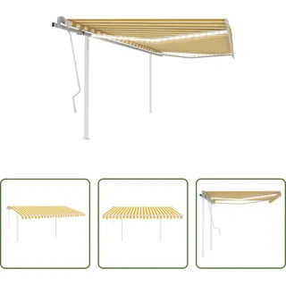 The Living Store Markise Manuell Einziehbar mit LED 4x3 m Gelb und Weiß - Gelb