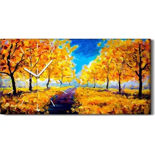 Wanduhr Bürouhr Leinwand Bild Quarz 60x30 Foto Gemälde Herbst gelb Laubpark - weiße Hände - Orange