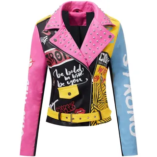 RISISSIDA Frauen Kunstleder Jacke Nieten Frühling Herbst Winter Mode, Moto Biker Trendy Kleidung Streetwear Gürtel, 76 Schwarz-weiß, M