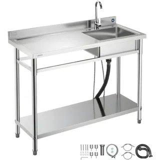 VEVOR Spültisch Spülbecken Edelstahl (120 x 50 x 94 cm), Einzelbecken mit Wasserhahn & Ablage, Küchenspüle für Garage Restaurant Wäscherei, Waschtisch Außenspüle mit Arbeitsplatte (links)