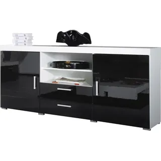 Furniture24 Kommode Sideboard Samba mit 2 Schubkästen 2 Türen Weiß/Schwarz Hochglanz - Schwarz