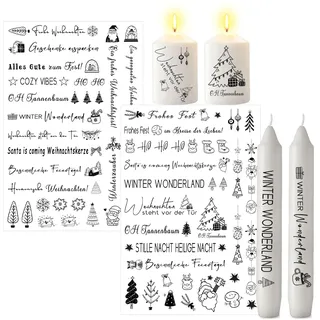ALLAVA 2 Stück Kerzentattoos Weihnachten, Kerzen Tattoos A4, Wasserschiebefolie Rub on Sticker Weihnachten, Kerzensticker Kerzenfolie für Kerzen oder Keramik Bogen DIY Stickerbogen (Weihnachten A)