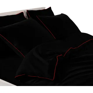 Bettwäsche Set - 200x200 cm - Schwarz - Baumwolle - mit Reißverschluss - 2 Kissenbezüge - Unifarben - Schwarz, Rot