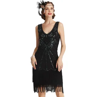 BABEYOND Damen Flapper Kleider 1920er Jahre V-Ausschnitt Perlen Fransen Great Gatsby Kleid, Set - Beige, M