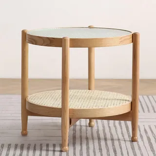 Runder Couchtisch Aus Holz Mit Rattan-ablagefach, 2-stöckiger Boho-mid-century-modern-glasplatte-snack-teetisch, Cocktailtisch, Sofatisch Für Wohnzimmer Und Schlafzim(Size:55x55x55cm,Color:Wood Color)