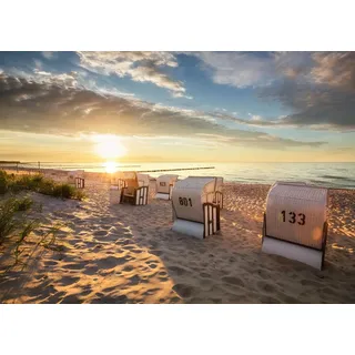 Rasch Tapete 363449 - Fototapete auf Vlies mit Strandkörben am Meer im Sonnenuntergang in Beige und Braun aus der Kollektion Magicwalls - 2,65 m x 3,71 m (LxB)