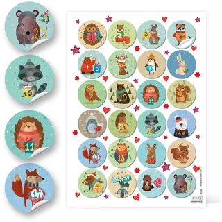 Klebezahlen Adventskalender, 24 Stück: Zahlen Kalender 1 bis 24, Sticker Tiere, Zahlensticker, Aufkleber Weihnachten, Zahlenaufkleber Kinder, Adventskalenderzahlen zum Aufkleben, Klebezahlen, Ø 4 cm