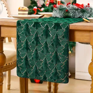 Tischläufer Weihnachten Grün Abwaschbar 33 x 183 cm Weihnachtliche Tischläufer Modern Weihnachtsbaum Gold Jacquard Winter Weihnachtsdeko Landhausstil Tischdeko für Kommode Party Deko