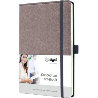 Sigel Notizbuch A5 dotted, Leder-Look taupe, Hardcover, 194 Seiten, nachhaltiges Papier, Inhaltsverzeichnis Stiftschlaufe Falttasche Gummibandverschluss, Conceptum