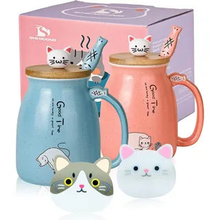 SHENDONG 2er-Pack Katzenbecher Niedliche Kaffeetassen aus Keramik im 2er-Set mit Bambusdeckel und Löffel Neuheit Morning Cup Kaffee-Milch Tee-Becher-3D Tier Katzen-Tassen für Katzenliebhaber Frauen