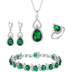 Clearine Schmuck Set für Damen Silber Träne Cubic Zirkonia Halskette mit Ohrringe Armband und Offene verstellbare Ring Set für Smaragd Farbe Silber-Ton