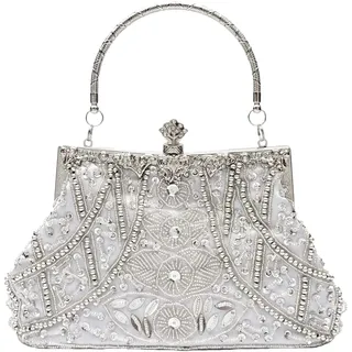 CORIOS Vintage 1920s Clutch Tasche Damen Handgemachte Perle Handtasche Abendtasche Elegante Schultertasche Kette Umhängetasche Klein Tasche Hochzeit Bankett-Party Abschlussball Tasche Silber