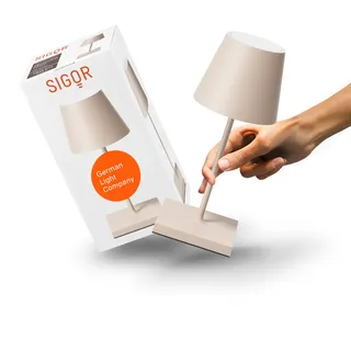 SIGOR Nuindie 2.0 mini - Dimmbare kleine LED Akku-Tischlampe Indoor & Outdoor, IP54 spritzwassergeschützt, Höhe 25 cm, aufladbar mit USB-C, 12 h Leuchtdauer, dünenbeige